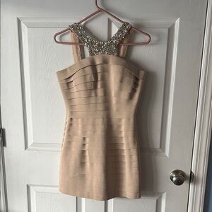 Sherri Hill Beige Embellished Mini Dress